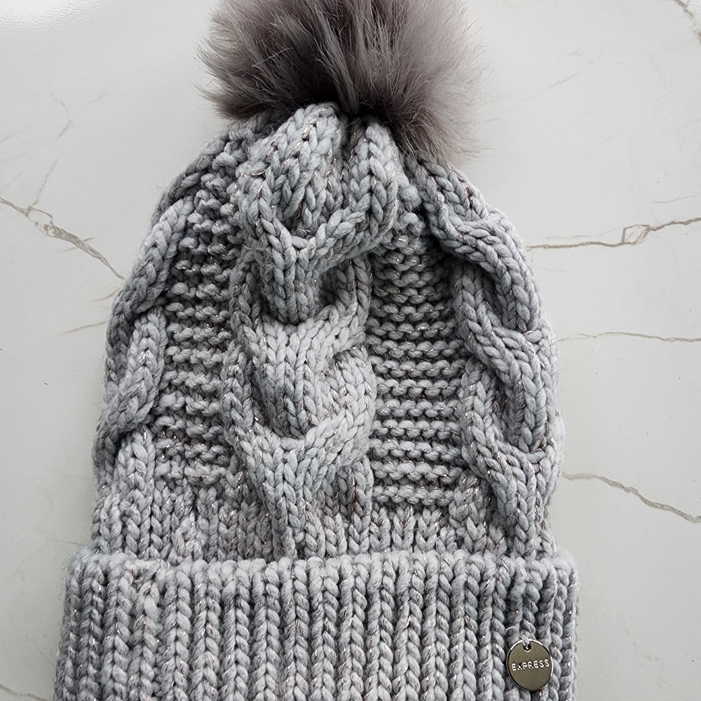 Express Gray Cable Knit Pom-Pom Beanie